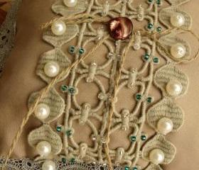 Wedding Ring Bearer Pillow Unique Antique Lace~Shabby~Beads~Pearls~Gray~Natural SILK
