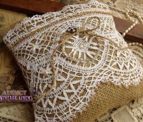 Bead Wedding Ring Bearer Pillow Unique Antique Lace white~SHABBY~STUNNING~Burlap